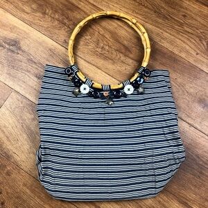 Vtg Old Country Road Blue White Striped Bag Purse Bamboo Handle Buttons *Read